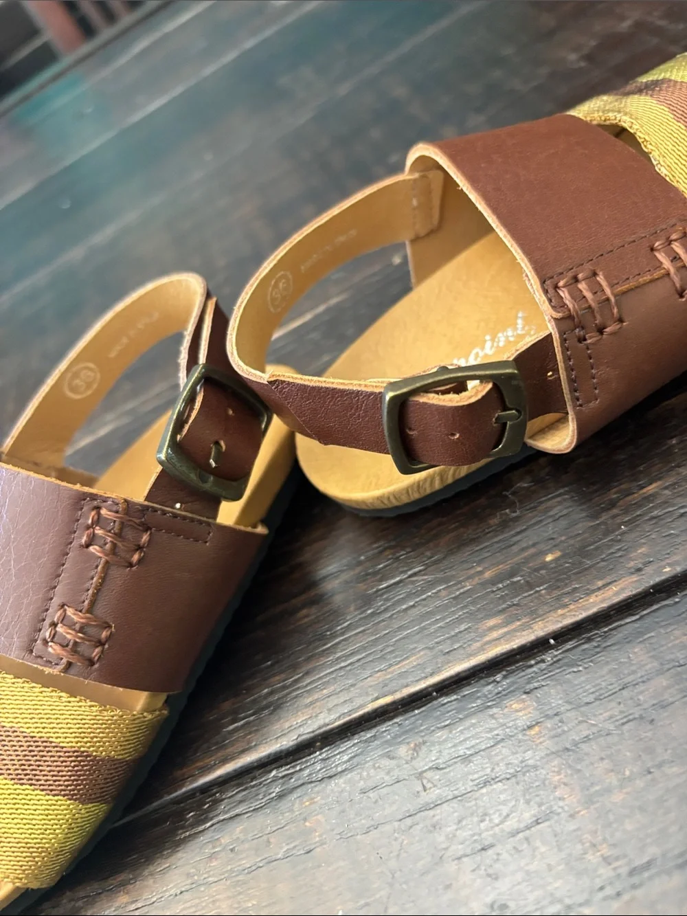Bonpoint Brown Leather Sandals with Yellow Striped Band